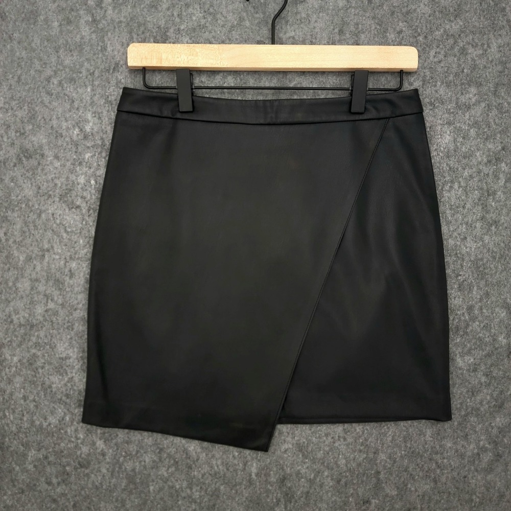 KIABI Skirt Womens 2 Black Faux Leather Asymmetric Wrap Mini Zipper Lined